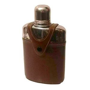 VTG Glass Flask BOSCA Top Grain Cowhide Case & Metal Outer Lid